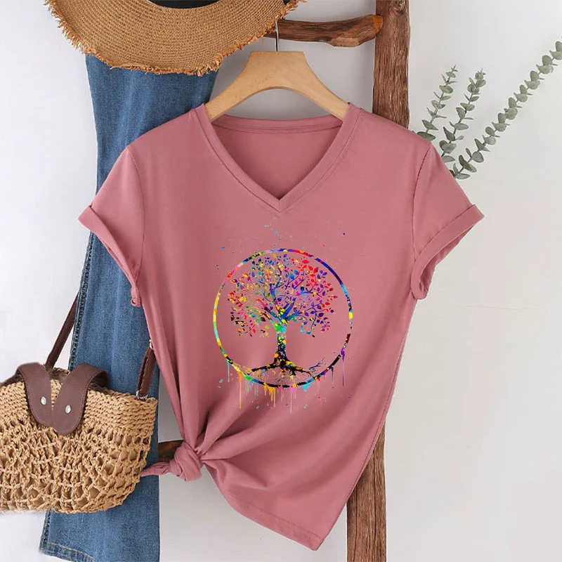 Olivenorma Spirituelles T-Shirt mit kreisförmigem Lebensbaum-Motiv und V-Ausschnitt