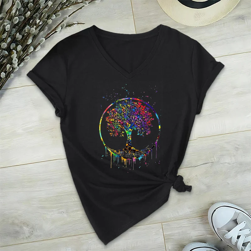 Olivenorma Spirituelles T-Shirt mit kreisförmigem Lebensbaum-Motiv und V-Ausschnitt
