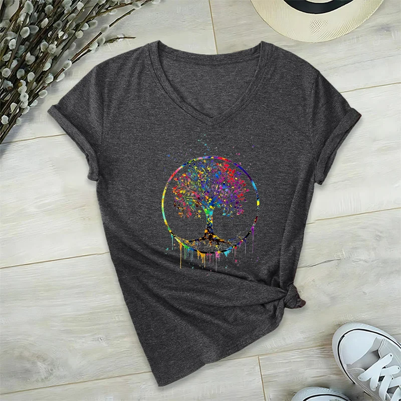 Olivenorma Spirituelles T-Shirt mit kreisförmigem Lebensbaum-Motiv und V-Ausschnitt