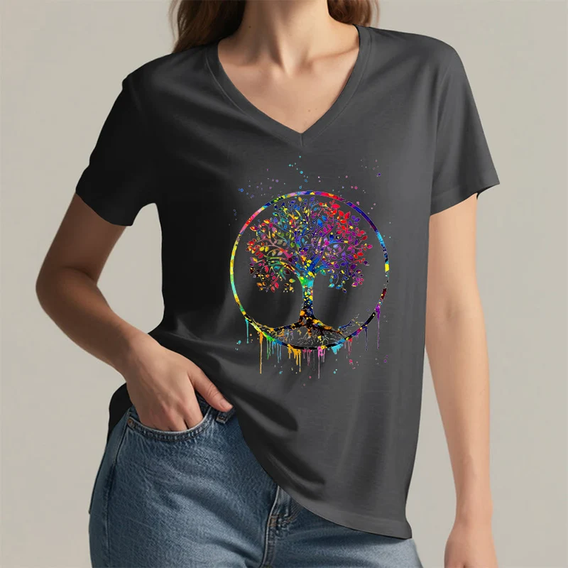 Olivenorma Spirituelles T-Shirt mit kreisförmigem Lebensbaum-Motiv und V-Ausschnitt