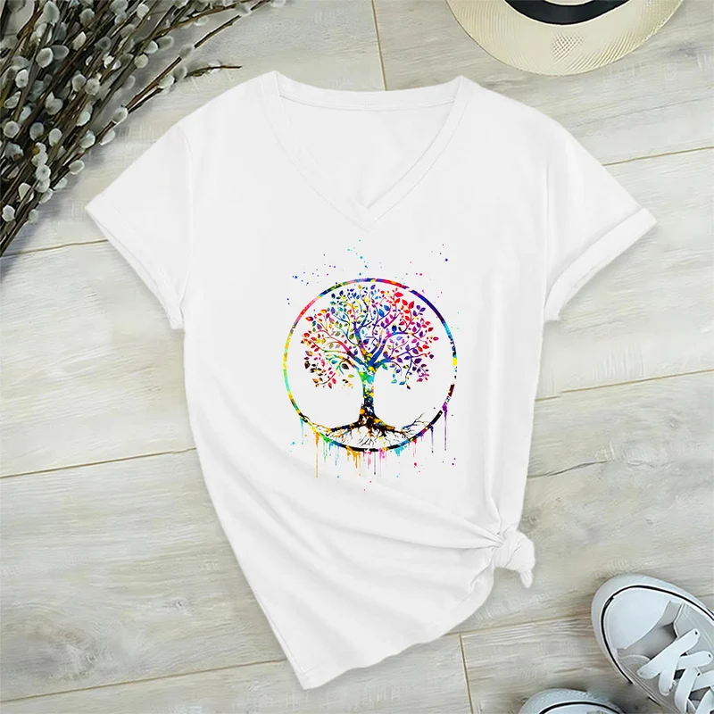 Olivenorma Spirituelles T-Shirt mit kreisförmigem Lebensbaum-Motiv und V-Ausschnitt