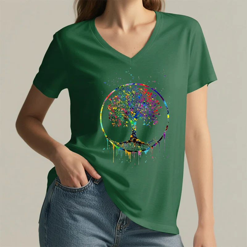 Olivenorma Spirituelles T-Shirt mit kreisförmigem Lebensbaum-Motiv und V-Ausschnitt