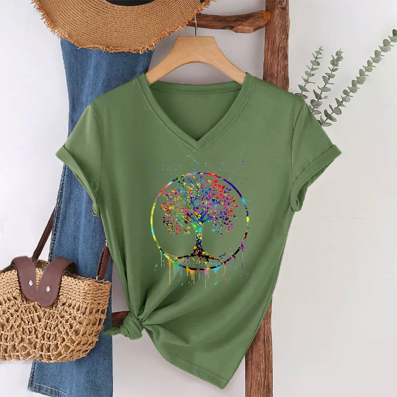 Olivenorma Spirituelles T-Shirt mit kreisförmigem Lebensbaum-Motiv und V-Ausschnitt