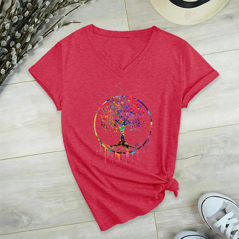 Olivenorma Spirituelles T-Shirt mit kreisförmigem Lebensbaum-Motiv und V-Ausschnitt