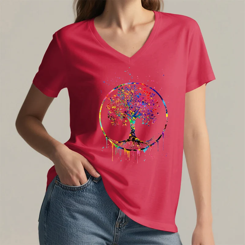 Olivenorma Spirituelles T-Shirt mit kreisförmigem Lebensbaum-Motiv und V-Ausschnitt