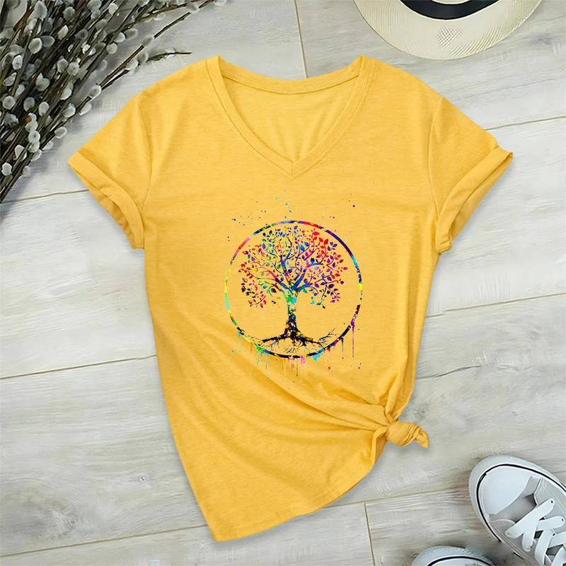 Olivenorma Spirituelles T-Shirt mit kreisförmigem Lebensbaum-Motiv und V-Ausschnitt