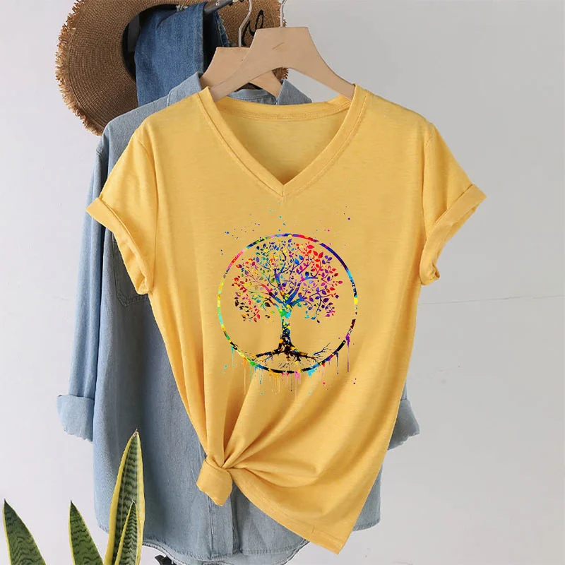 Olivenorma Spirituelles T-Shirt mit kreisförmigem Lebensbaum-Motiv und V-Ausschnitt