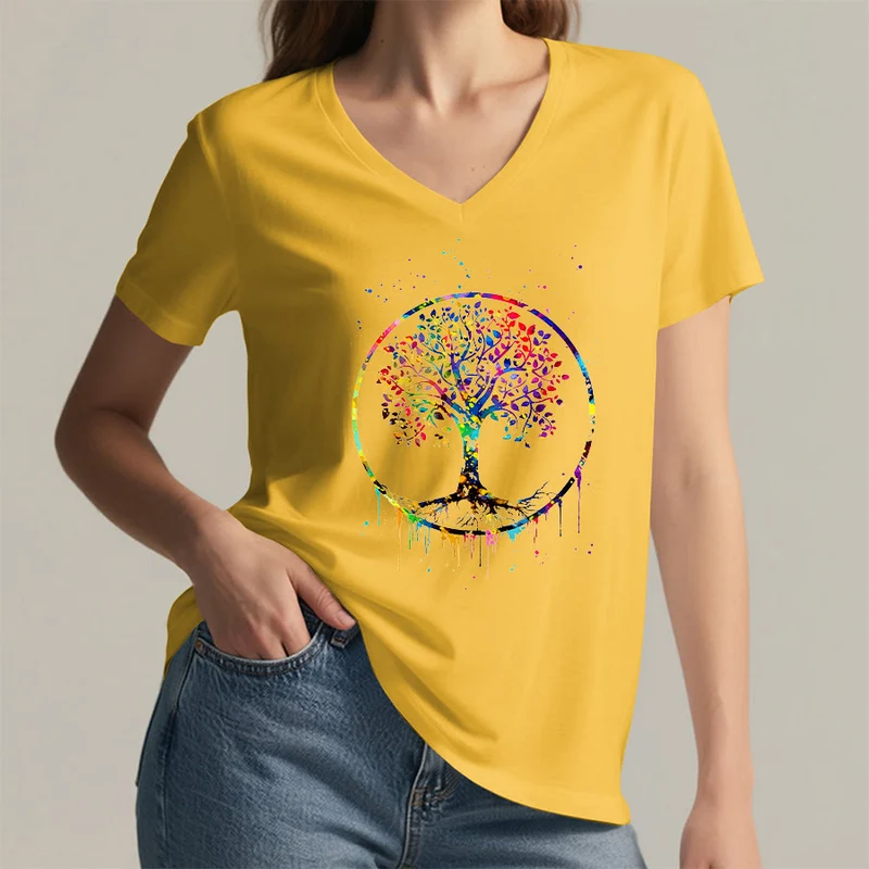 Olivenorma Spirituelles T-Shirt mit kreisförmigem Lebensbaum-Motiv und V-Ausschnitt