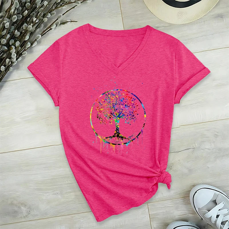 Olivenorma Spirituelles T-Shirt mit kreisförmigem Lebensbaum-Motiv und V-Ausschnitt