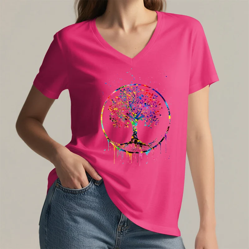 Olivenorma Spirituelles T-Shirt mit kreisförmigem Lebensbaum-Motiv und V-Ausschnitt