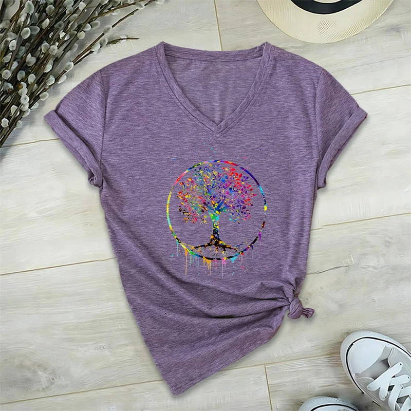 Olivenorma Spirituelles T-Shirt mit kreisförmigem Lebensbaum-Motiv und V-Ausschnitt