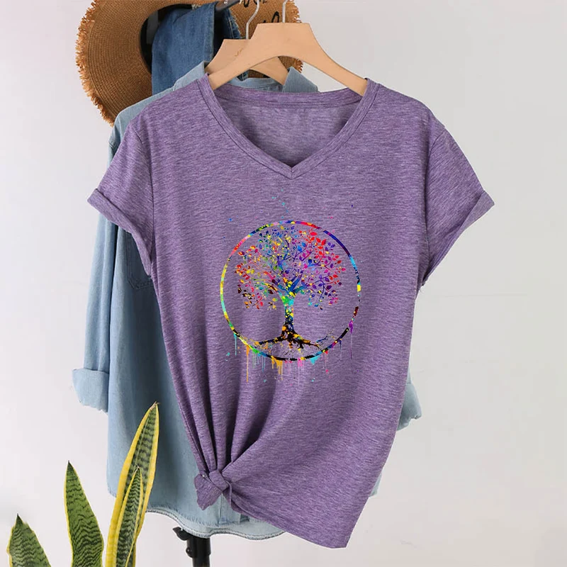 Olivenorma Spirituelles T-Shirt mit kreisförmigem Lebensbaum-Motiv und V-Ausschnitt