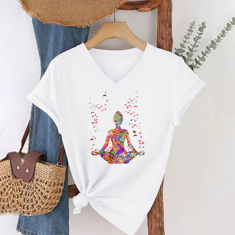 Olivenorma Aquarell-Meditationssilhouette Yoga V-Ausschnitt T-Shirt