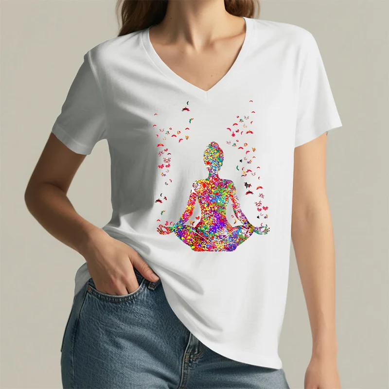 Olivenorma Aquarell-Meditationssilhouette Yoga V-Ausschnitt T-Shirt