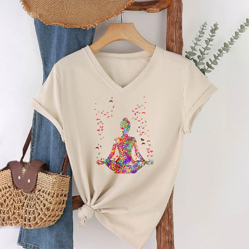 Olivenorma Aquarell-Meditationssilhouette Yoga V-Ausschnitt T-Shirt