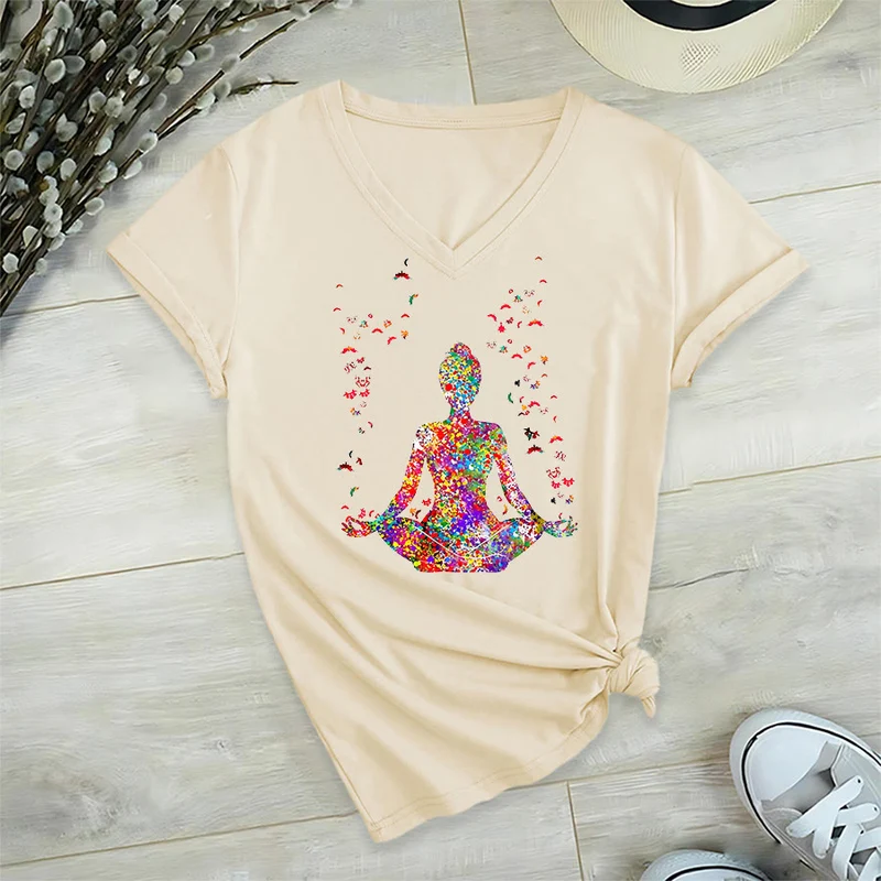 Olivenorma Aquarell-Meditationssilhouette Yoga V-Ausschnitt T-Shirt