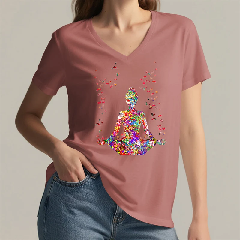 Olivenorma Aquarell-Meditationssilhouette Yoga V-Ausschnitt T-Shirt
