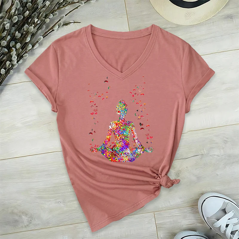Olivenorma Aquarell-Meditationssilhouette Yoga V-Ausschnitt T-Shirt