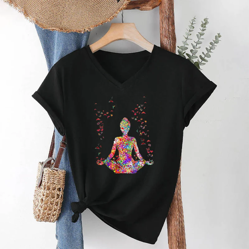 Olivenorma Aquarell-Meditationssilhouette Yoga V-Ausschnitt T-Shirt