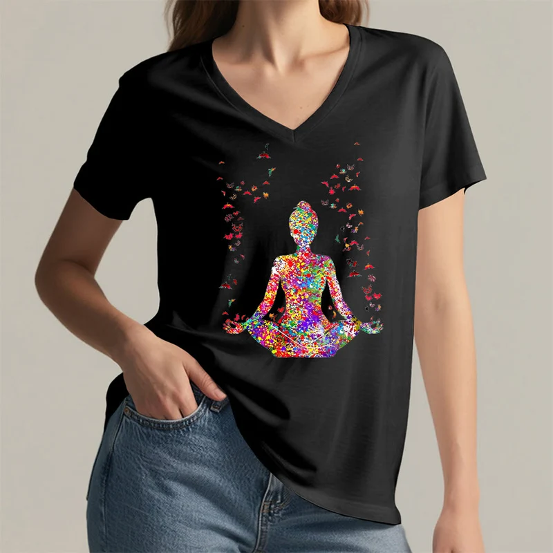 Olivenorma Aquarell-Meditationssilhouette Yoga V-Ausschnitt T-Shirt
