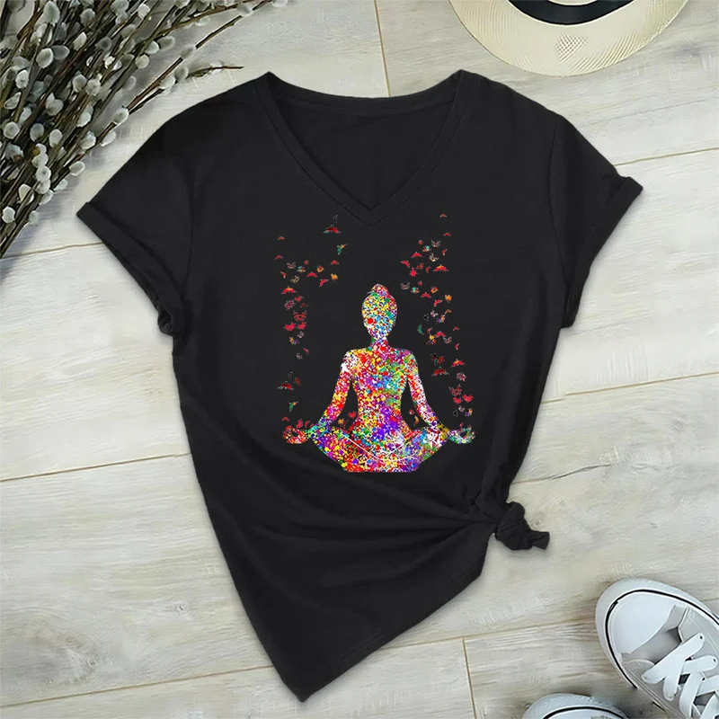 Olivenorma Aquarell-Meditationssilhouette Yoga V-Ausschnitt T-Shirt