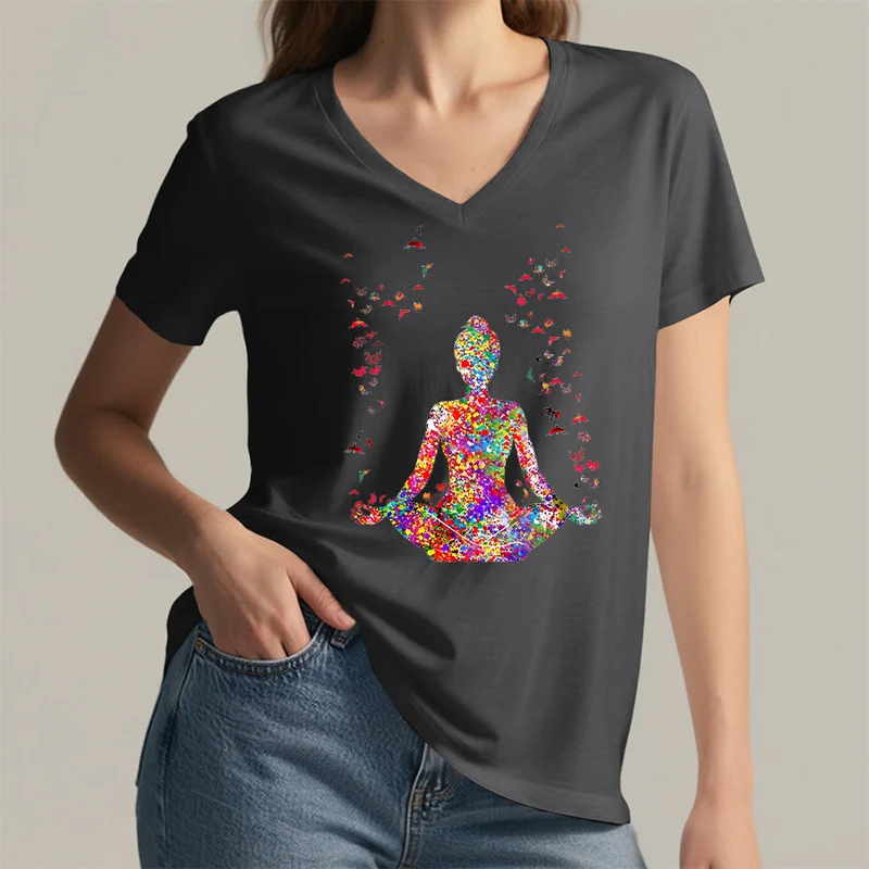 Olivenorma Aquarell-Meditationssilhouette Yoga V-Ausschnitt T-Shirt
