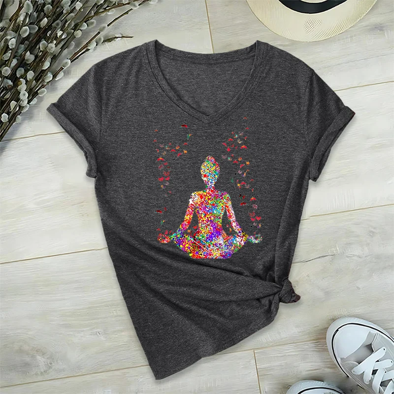 Olivenorma Aquarell-Meditationssilhouette Yoga V-Ausschnitt T-Shirt