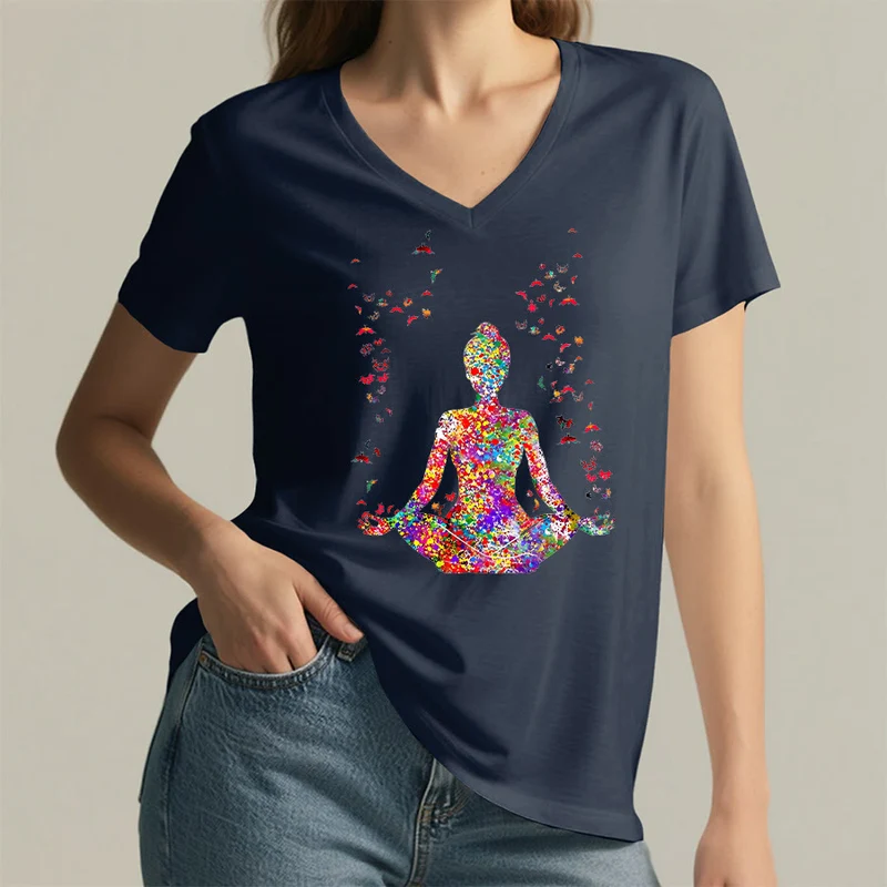 Olivenorma Aquarell-Meditationssilhouette Yoga V-Ausschnitt T-Shirt
