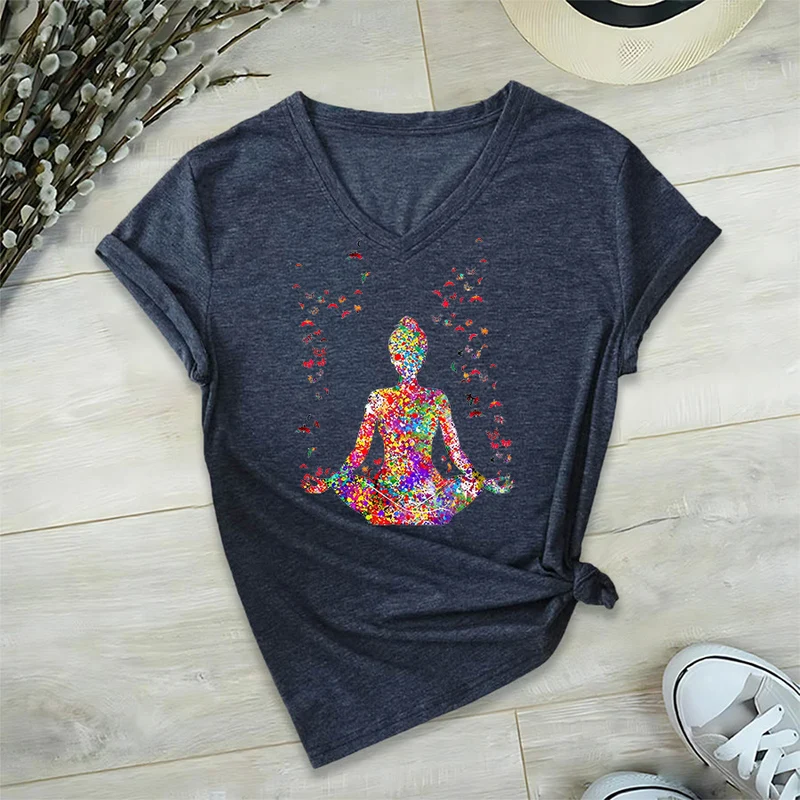 Olivenorma Aquarell-Meditationssilhouette Yoga V-Ausschnitt T-Shirt