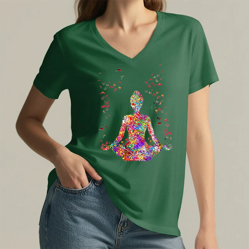 Olivenorma Aquarell-Meditationssilhouette Yoga V-Ausschnitt T-Shirt