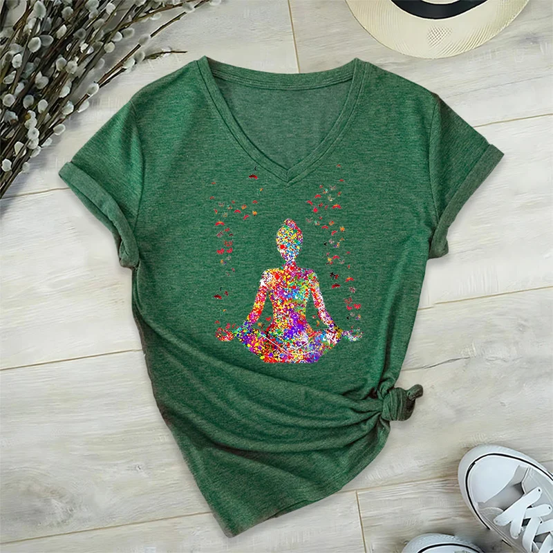 Olivenorma Aquarell-Meditationssilhouette Yoga V-Ausschnitt T-Shirt
