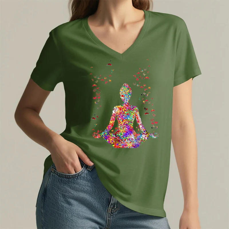 Olivenorma Aquarell-Meditationssilhouette Yoga V-Ausschnitt T-Shirt