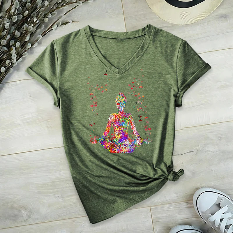 Olivenorma Aquarell-Meditationssilhouette Yoga V-Ausschnitt T-Shirt