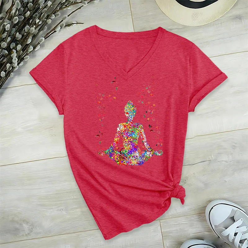 Olivenorma Aquarell-Meditationssilhouette Yoga V-Ausschnitt T-Shirt