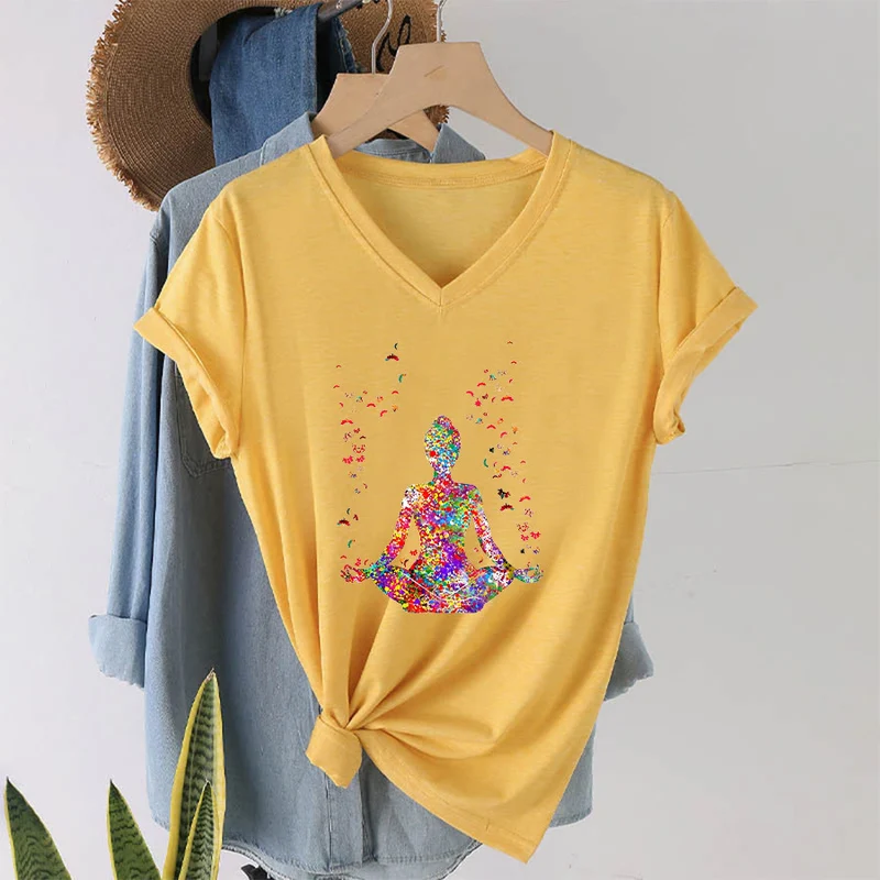 Olivenorma Aquarell-Meditationssilhouette Yoga V-Ausschnitt T-Shirt