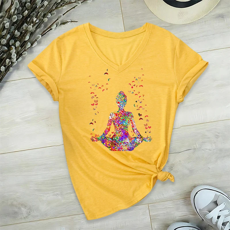 Olivenorma Aquarell-Meditationssilhouette Yoga V-Ausschnitt T-Shirt
