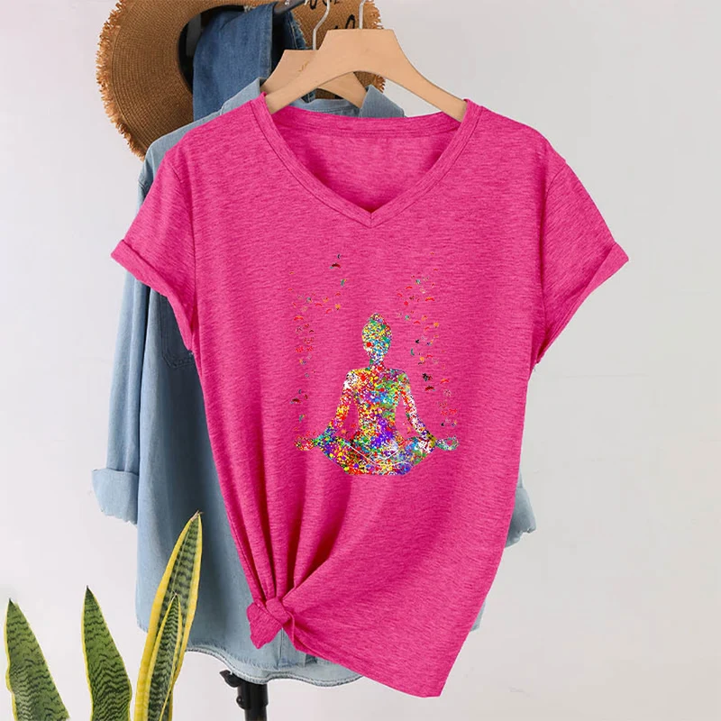 Olivenorma Aquarell-Meditationssilhouette Yoga V-Ausschnitt T-Shirt