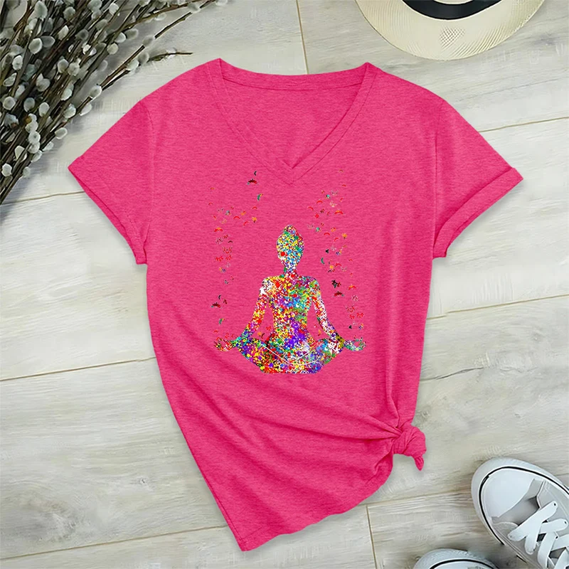 Olivenorma Aquarell-Meditationssilhouette Yoga V-Ausschnitt T-Shirt