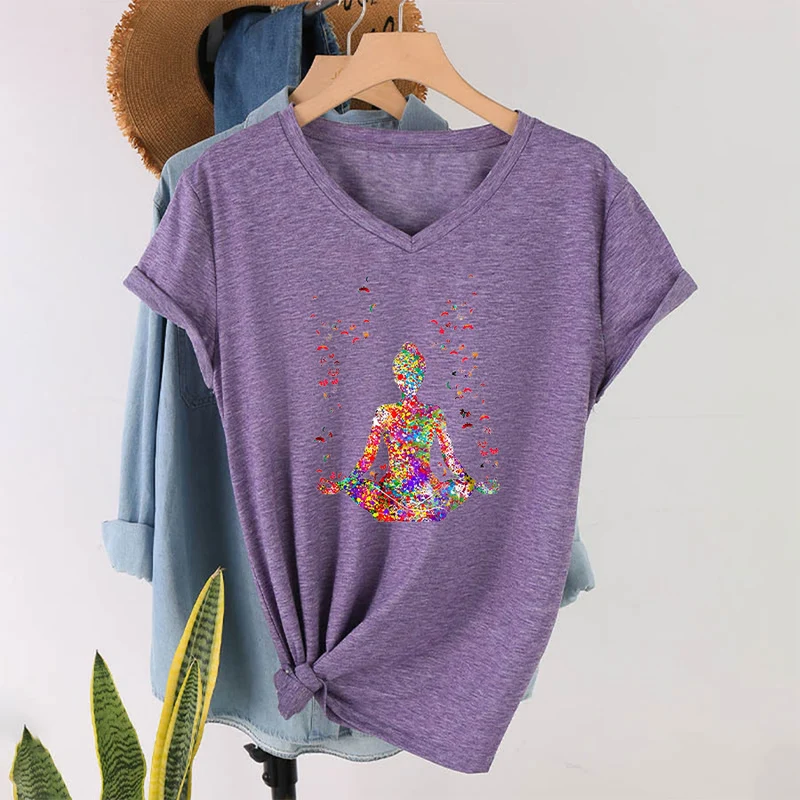 Olivenorma Aquarell-Meditationssilhouette Yoga V-Ausschnitt T-Shirt