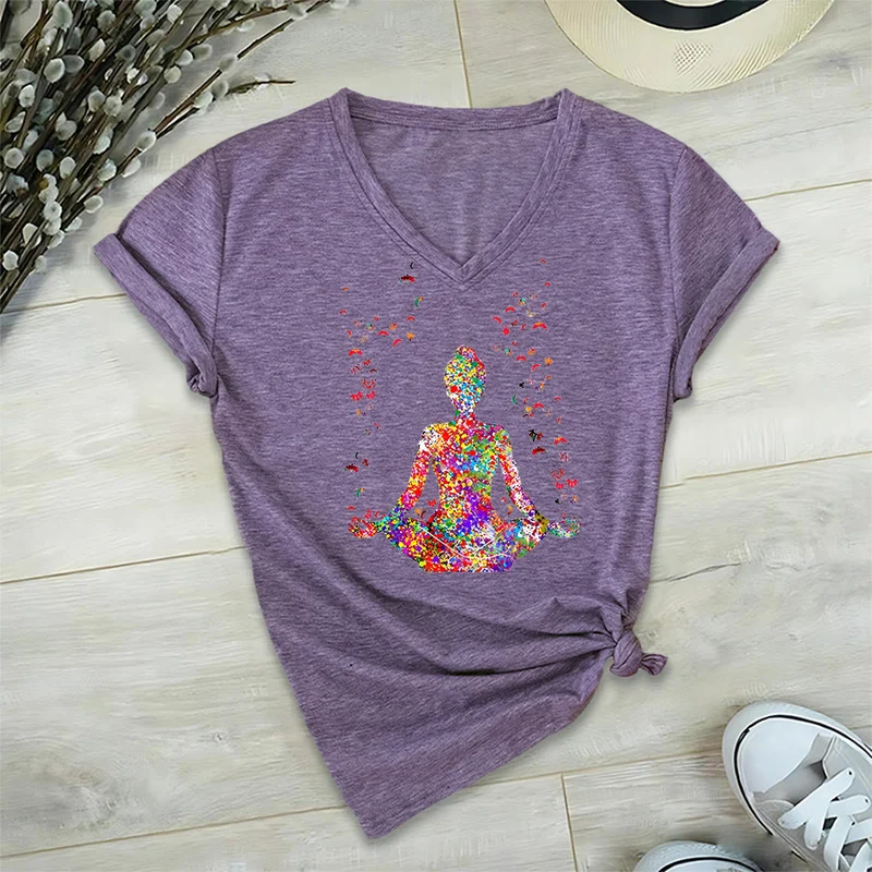 Olivenorma Aquarell-Meditationssilhouette Yoga V-Ausschnitt T-Shirt