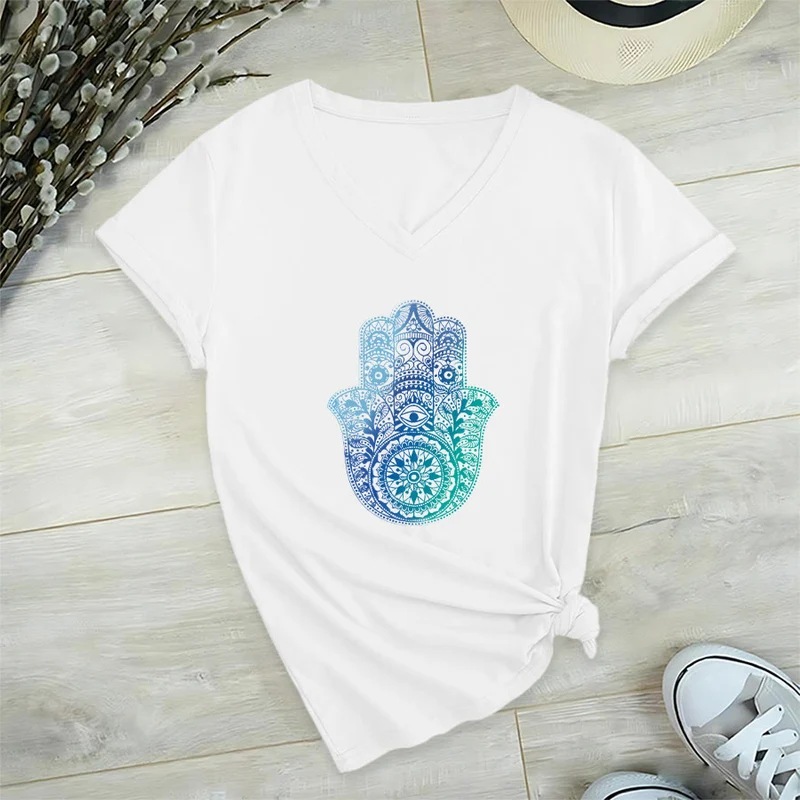 Olivenorma Gradient Hamsa Hand Mandala Print Yoga V-Neck T-Shirt