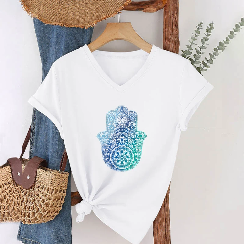 Olivenorma Gradient Hamsa Hand Mandala Print Yoga V-Neck T-Shirt