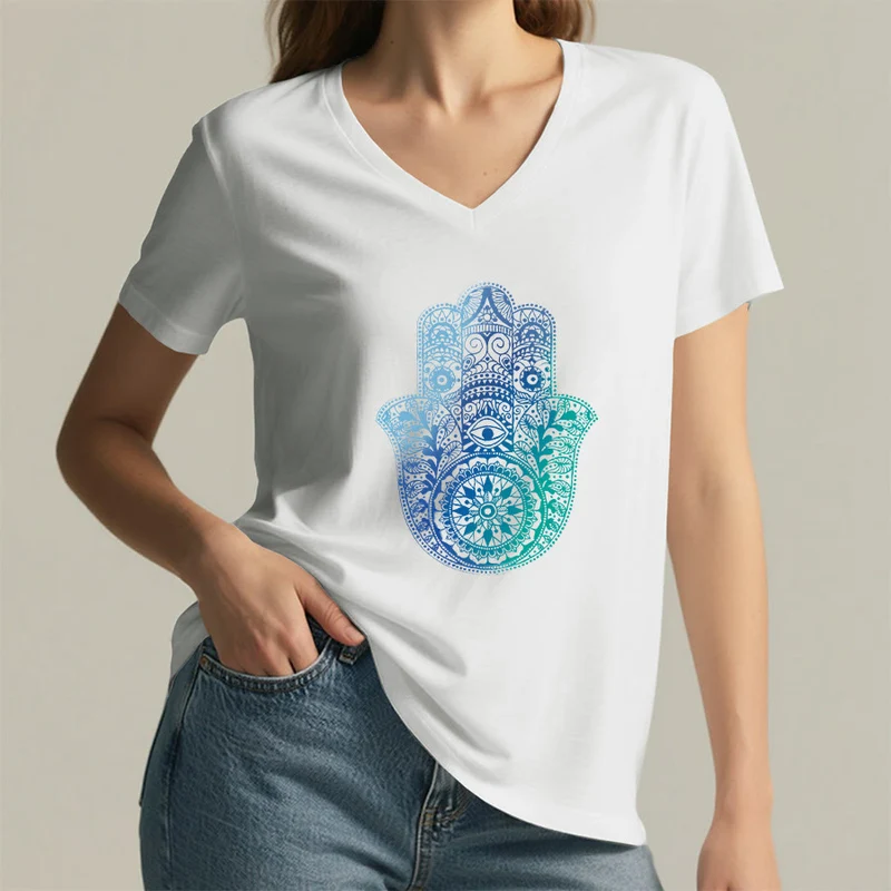 Olivenorma Gradient Hamsa Hand Mandala Print Yoga V-Neck T-Shirt