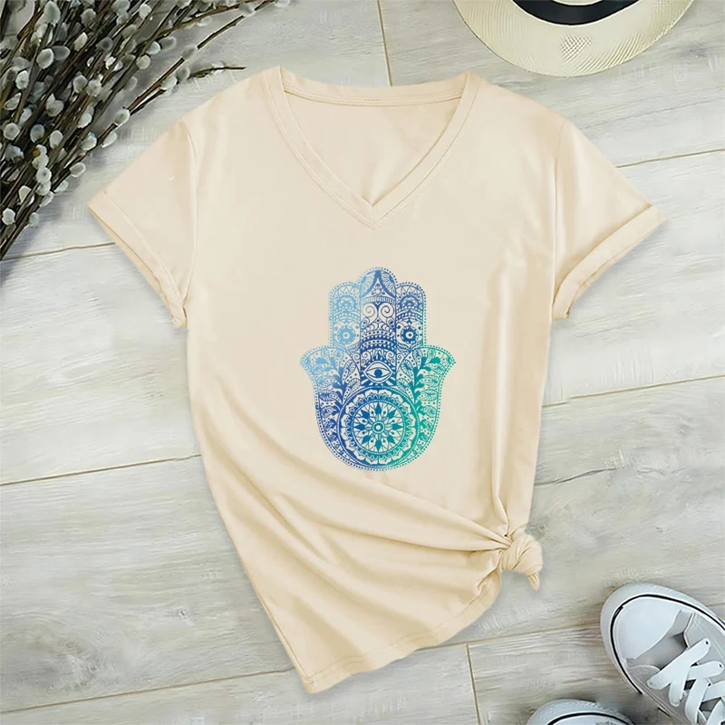 Olivenorma Gradient Hamsa Hand Mandala Print Yoga V-Neck T-Shirt