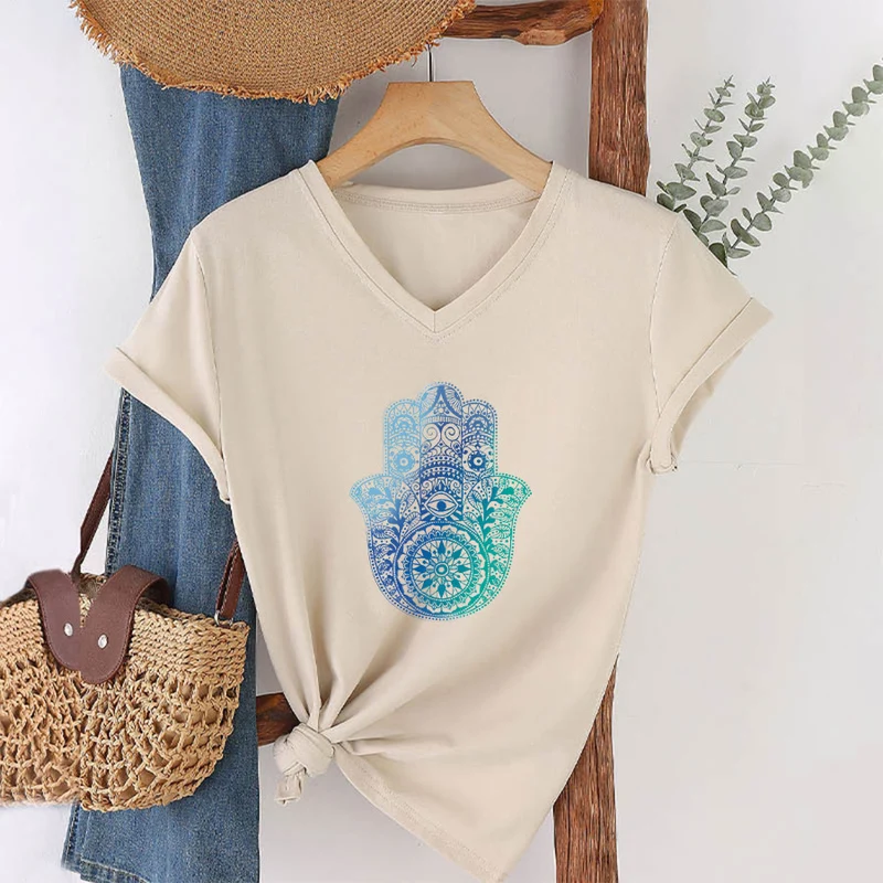 Olivenorma Gradient Hamsa Hand Mandala Print Yoga V-Neck T-Shirt