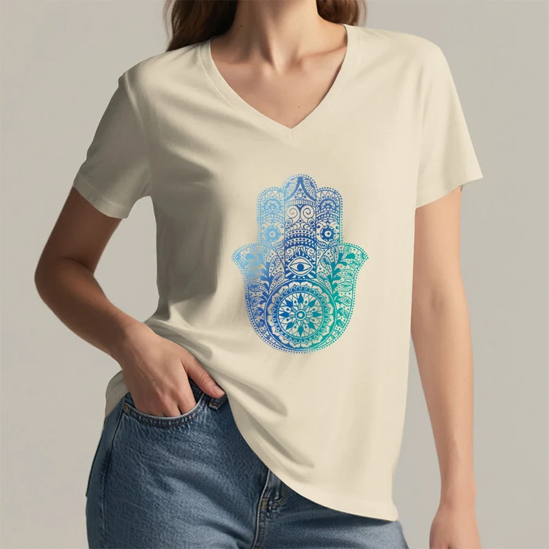 Olivenorma Gradient Hamsa Hand Mandala Print Yoga V-Neck T-Shirt