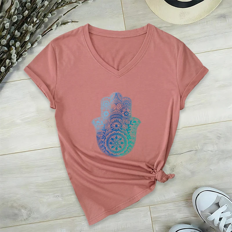 Olivenorma Gradient Hamsa Hand Mandala Print Yoga V-Neck T-Shirt
