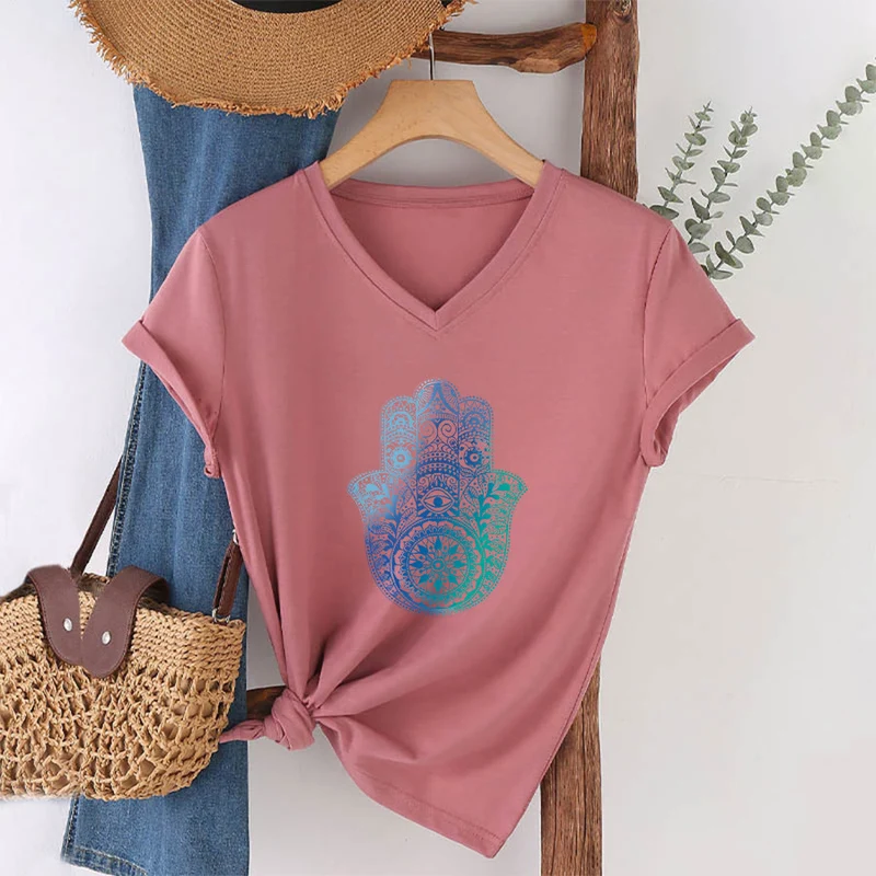 Olivenorma Gradient Hamsa Hand Mandala Print Yoga V-Neck T-Shirt