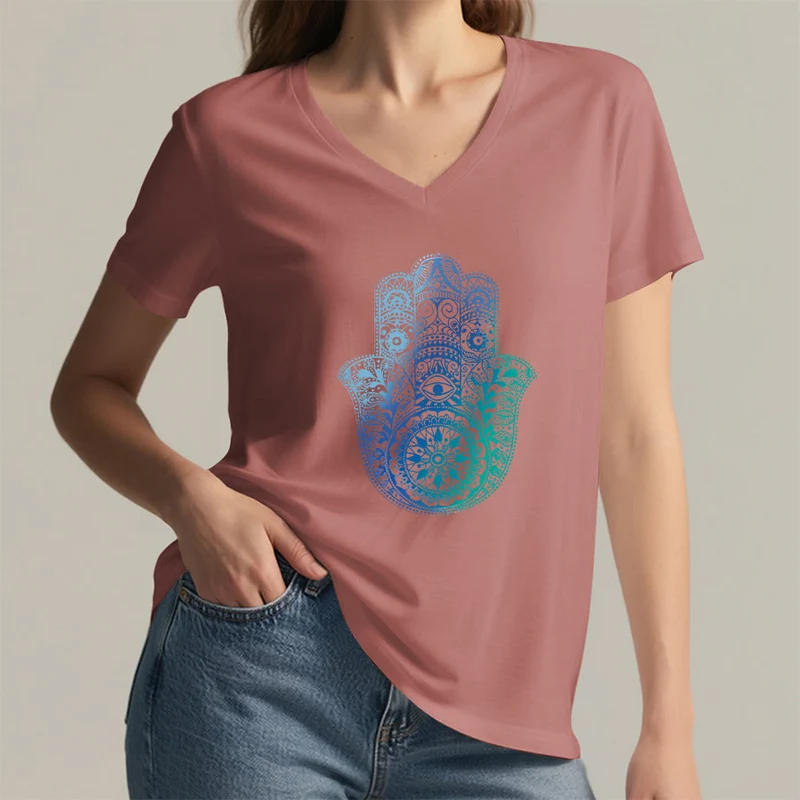 Olivenorma Gradient Hamsa Hand Mandala Print Yoga V-Neck T-Shirt