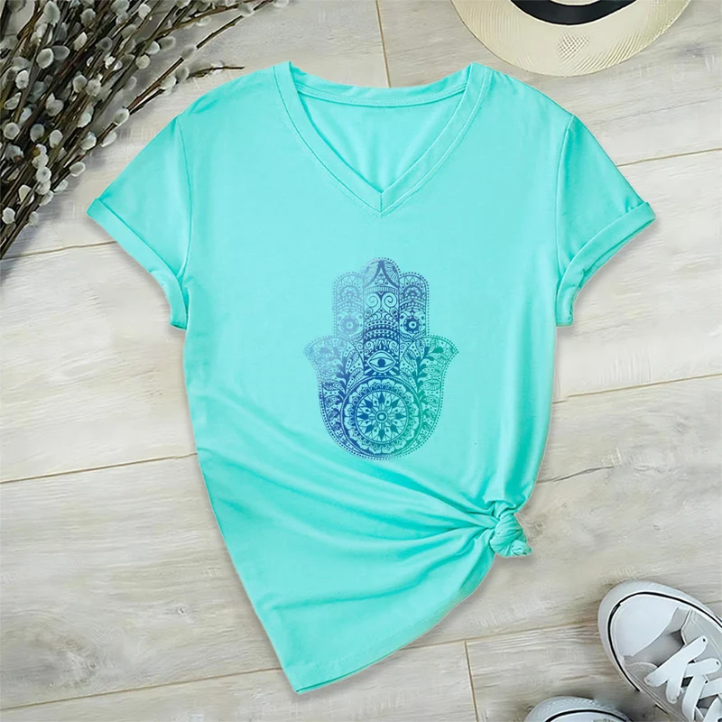 Olivenorma Gradient Hamsa Hand Mandala Print Yoga V-Neck T-Shirt